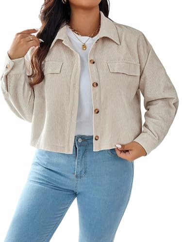GORGLITTER Cordhemd Damen Blouson Große Größen Jacke Button Down Übergangsjacke mit Taschen Crop Cordjacke mit Knopfleiste Freizeitjacke Beige 0XL von GORGLITTER