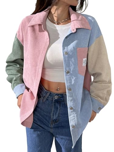 GORGLITTER Cordhemd Damen Elegant Langarm Button Down Hemdbluse mit Taschen Loose Fit Blusen Freizeitjacke Cord Jacken mit Knöpfen Rosa XL von GORGLITTER