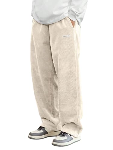 GORGLITTER Cordhose Herren Baggy Lange Hose Casual Breite Cord Hose mit Taschen Freizeithose mit Kordelzug Elastischer Taille Herbst Outfits Aprikosenfarben L von GORGLITTER