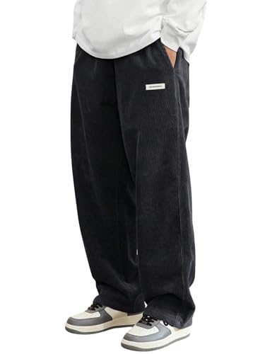 GORGLITTER Cordhose Herren Baggy Lange Hose Casual Breite Cord Hose mit Taschen Freizeithose mit Kordelzug Elastischer Taille Herbst Outfits Schwarz XL von GORGLITTER