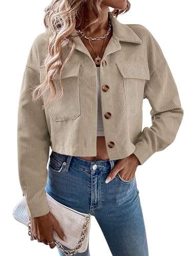 GORGLITTER Cordjacke Damen Langarm Kurzjacke Hemdjacke Cordhemd Button-Down Herbst Cardigan Leicht Mantel Casual Übergangsjacke Beige S GORGLITTER Cordjacke Damen Langarm Kurzjacke Hemdjacke Cordhemd Button-Down Herbst Cardigan Leicht Mantel Casual Übergangsjacke Beige S von GORGLITTER