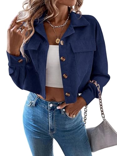 GORGLITTER Cordjacke Damen Langarm Kurzjacke Hemdjacke Cordhemd Button-Down Herbst Cardigan Leicht Mantel Casual Übergangsjacke Dunkelblau L von GORGLITTER