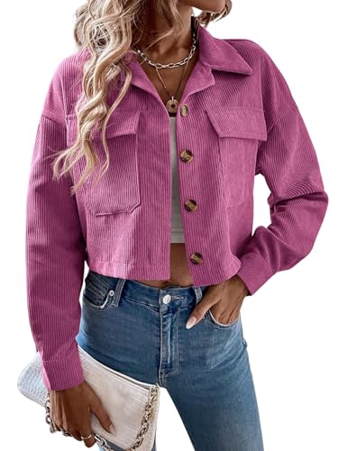 GORGLITTER Cordjacke Damen Langarm Kurzjacke Hemdjacke Cordhemd Button-Down Herbst Cardigan Leicht Mantel Casual Übergangsjacke Heißes Pink M von GORGLITTER