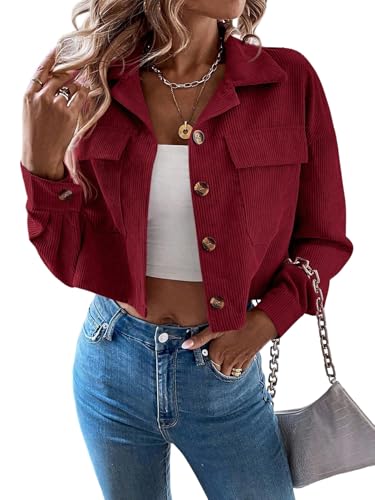 GORGLITTER Cordjacke Damen Langarm Kurzjacke Hemdjacke Cordhemd Button-Down Herbst Cardigan Leicht Mantel Casual Übergangsjacke Rot XS von GORGLITTER