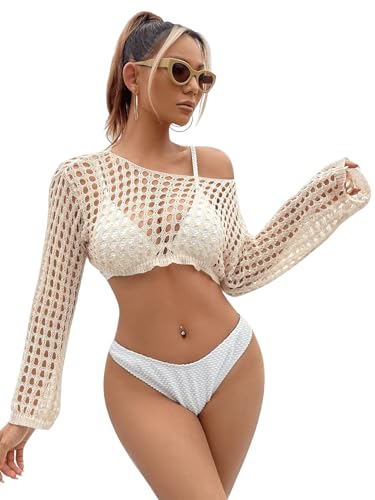 GORGLITTER Cover Up Shirt Damen Crochet Top Langarm Swimm Cover-up Strandtop Casualtop Strandponcho ohne BH Khaki L von GORGLITTER