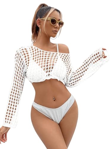 GORGLITTER Cover Up Shirt Damen Crochet Top Langarm Swimm Cover-up Strandtop Casualtop Strandponcho ohne BH Weiß L von GORGLITTER