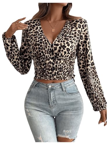 GORGLITTER Crop Bluse Damen Elegant Leo Print Bluse Langarm Oberteil Mit V Ausschnitt Blusenshirt Rüschenbluse Hemdbluse Mit Knopfleiste Leo S von GORGLITTER