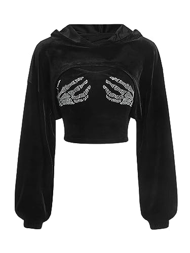 GORGLITTER Crop Hoodie Mit Top Damen Crop Top Oberteil Langarm Pullover Mit Kapuze Top Mit Strass Y2k Hoodie Mit Skelett Schwarz L von GORGLITTER