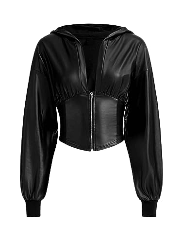 GORGLITTER Crop Jacke Damen Leder Jacke Mit Kapuze Pu Lederjacke Bauchfrei Jacke Dünne Jacke Leicht Übergangsjacke Mit Reißverschluss Schwarz L von GORGLITTER