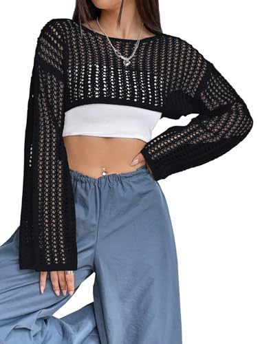 GORGLITTER Crop Pullover Damen Strick Häkeltop Langarm Häkelpullover Winter Häkel Oberteil Herbst Häkelpulli Strickoberteile Strickpullover Y2k Outfit Schwarz L von GORGLITTER