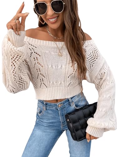 GORGLITTER Crop Pullover Damen Strick Schulterfreier Pullover Grobstrickpullover Kurz Strickpullover Grobmaschig Crop Top Y2k Beige L von GORGLITTER