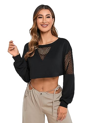 GORGLITTER Damen Crop Sweatshirt Langarmshirt Bauchfreies Pulllover mit Fischnetz Y2K Oberteil Outfitwear Schwarz S von GORGLITTER