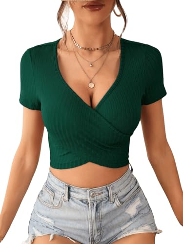 GORGLITTER Crop Shirt Damen Kurzarm Crop Top Bauchfreies Top Mit Ausschnitt Top Mit Kreuzgurt V Ausschnitt Sommer Oberteile Rippenstrick-Armeegrün S von GORGLITTER