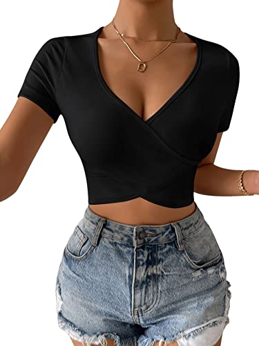 GORGLITTER Crop Shirt Damen Kurzarm Crop Top Bauchfreies Top Mit Ausschnitt Top Mit Kreuzgurt V Ausschnitt Sommer Oberteile Schwarz XS GORGLITTER Crop Shirt Damen Kurzarm Crop Top Bauchfreies Top Mit Ausschnitt Top Mit Kreuzgurt V Ausschnitt Sommer Oberteile Schwarz XS von GORGLITTER