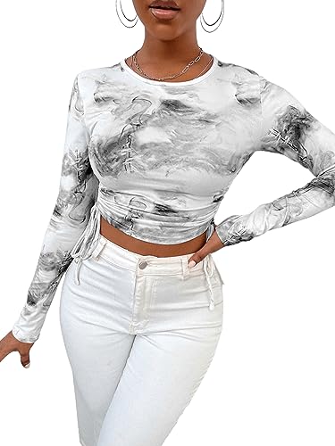 GORGLITTER Crop Shirt Damen Langarm T-Shirt Mit Batik Bauchfreies Oberteil Kurz Sexy Shirt Mit Rüschen Top Mit Tunnelzug Schwarz und Weiß M von GORGLITTER