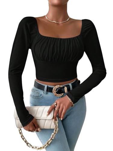 GORGLITTER Crop T-Shirt Damen Bauchfreies Oberteil Eckiger Ausschnitt Tops Rüschenbüste Langarmshirt Schwarz M von GORGLITTER