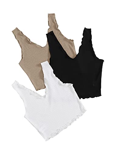 GORGLITTER Crop Tank Top Damen Set Bauchfreie Tops Set V Ausschnitt Oberteil Rippenstrick Top Mit Wellensaum 3 Crop Tops Schwarz Weiß und Khaki XS von GORGLITTER