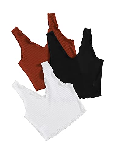 GORGLITTER Crop Tank Top Damen Set Bauchfreie Tops Set V Ausschnitt Oberteil Rippenstrick Top Mit Wellensaum 3 Crop Tops Schwarz Weiß und Rot L von GORGLITTER