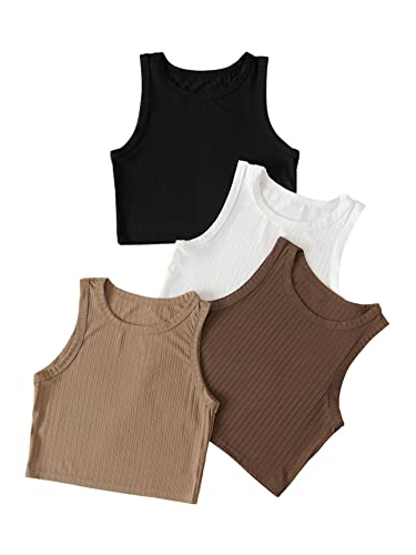 GORGLITTER Crop Tank Top Damen Set Crop Tops Ärmellos Bauchfreies Oberteil Basic Crop Top Set 4pcs Rippenstrick Crop T-Shirt Schwarz, Weiß, Braun, Khaki L von GORGLITTER