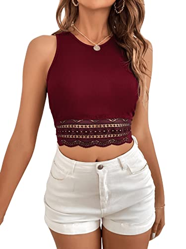 GORGLITTER Crop Tank Top Damen Sommer Spitzentop Ohne Ärmel Oberteil Bauchfrei Croptop Spitzen Sommershirt mit Rundhals Bordeaux M von GORGLITTER