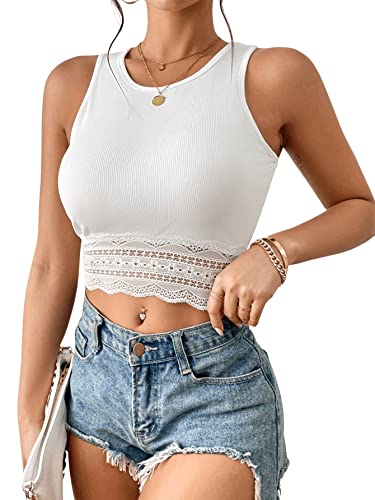 GORGLITTER Crop Tank Top Damen Sommer Spitzentop Ohne Ärmel Oberteil Bauchfrei Croptop Spitzen Sommershirt mit Rundhals Weiß L von GORGLITTER