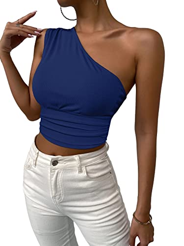 GORGLITTER Crop Top Damen Cropshirt Bauchfrei T-Shirts Einschulterfrei Sommershirt Ärmellos Casualshirt Marineblau L von GORGLITTER