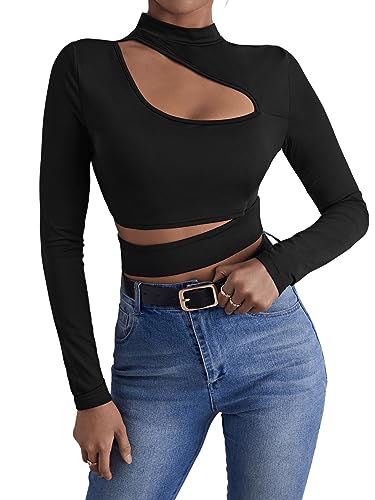 GORGLITTER Crop Top Damen Cut Outs T-Shirt Bauchfrei Oberteil Stehkragen Tops Langarm Casualshirt Langarmshirt Schwarz L von GORGLITTER