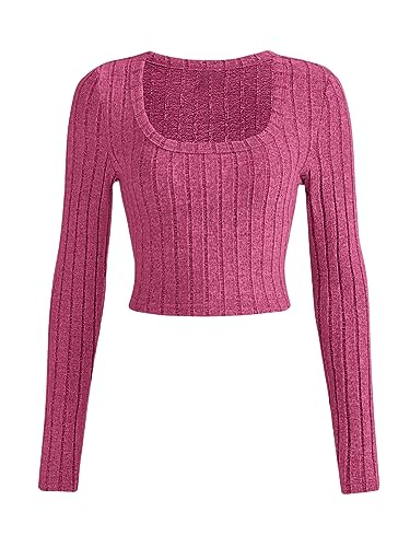 GORGLITTER Crop Top Damen Langarm Strick Oberteil Bauchfreies Langarmshirt Crop T Shirt Eng Oberteil Mit U Ausschnitt Heißes Pink L von GORGLITTER