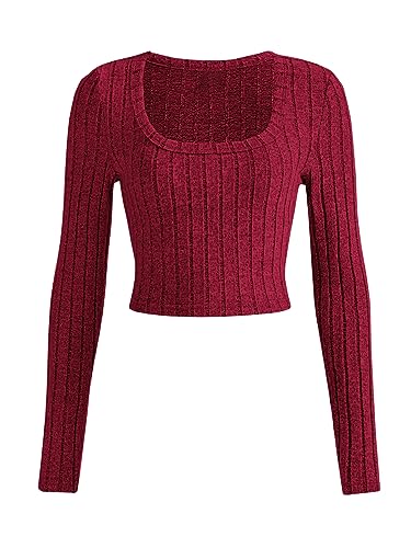 GORGLITTER Crop Top Damen Langarm Strick Oberteil Bauchfreies Langarmshirt Crop T Shirt Eng Oberteil Mit U Ausschnitt Rosenrot L von GORGLITTER