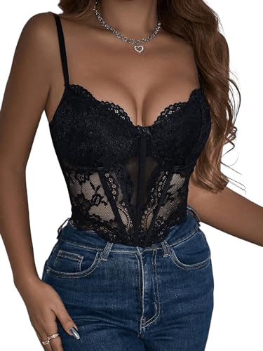 GORGLITTER Crop Top Damen Spitzen Camisole Crop Tops Spitzentop Spaghettiträger Bralettes Cami Oberteil Schwarz L von GORGLITTER