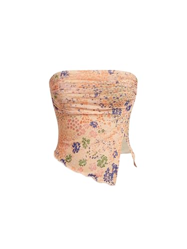 GORGLITTER Damen Trägerloses Top Y2k Schulterfrei Oberteil Geblümt Crop Bandeau Top Herbst Partytops mit Schlitz Aprikosenfarben S von GORGLITTER