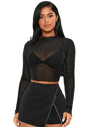 GORGLITTER Crop Top Glitzer Damen Party Mesh Oberteil Langarmshirt Mit Glitzer Top Mit Wellensaum Netzstoff Shirt Schwarz L von GORGLITTER