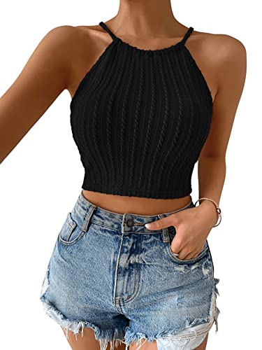 GORGLITTER Crop Top Mit Kreuzgurt Damen Bauchfreies Top Sommer Oberteile Sexy Rückenfrei Trägertop Geschnürtes Top Schwarz M von GORGLITTER