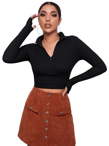 GORGLITTER Crop Top Mit Reissverschluss Damen Langarmshirt Mit Stehkragen Bauchfreies Oberteil Kurz Schwarz L von GORGLITTER