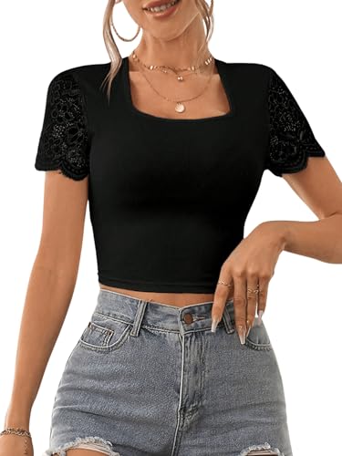 GORGLITTER Crop Top Mit Spitze Damen Rückenfreies Oberteil Elegant Spitzen Top Bauchfreies Shirt Schwarz L von GORGLITTER