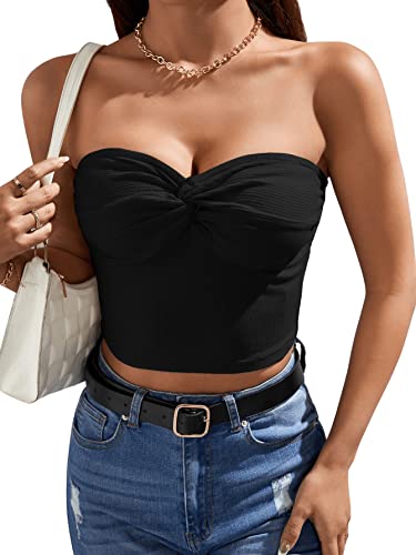 GORGLITTER Crop Top Mit Twist Damen Bandeau Top Trägerlose Tops Sommer Top Bauchfrei Ärmelloses Top Mit Rippenstrick Schwarz L von GORGLITTER