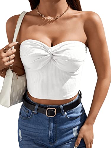 GORGLITTER Crop Top Mit Twist Damen Bandeau Top Trägerlose Tops Sommer Top Bauchfrei Ärmelloses Top Mit Rippenstrick Weiß M von GORGLITTER