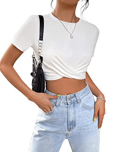 GORGLITTER Crop Top Mit Twist Damen Crop Shirt Bauchfreies Oberteil Kurz Sexy Tshirt Kurzarm Sommer Croptops Weiß S von GORGLITTER