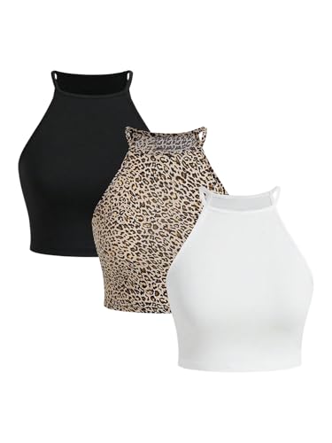 GORGLITTER Crop Tops Damen 3er Set Sommer Neckholder Top Set Tanktops Frauen Leo Top Trägertop Bauchfreie Tops Weiß Mehrfarbig XL von GORGLITTER