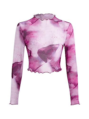 GORGLITTER Crop Tops Damen Langarm Mesh Oberteil Transparentes Shirt Batik Oberteil Sexy Langarmshirt Mit Wellensaum Rosa und Weiß M von GORGLITTER