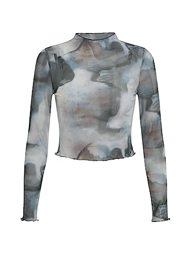 GORGLITTER Crop Tops Damen Langarm Mesh Oberteil Transparentes Shirt Batik Oberteil Sexy Langarmshirt Mit Wellensaum Schwarz und Weiß L von GORGLITTER