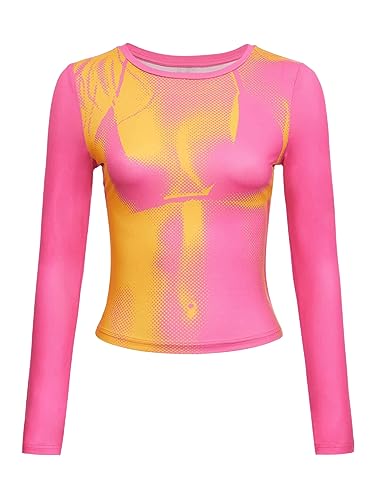 GORGLITTER Crop Tops Damen Langarm Sexy Bauchfreie Oberteile 3D Tshirt Langarmshirt Mit Figur Crop Shirt Y2k Rosa S von GORGLITTER