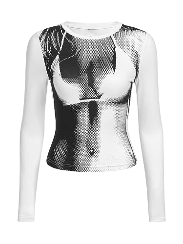 GORGLITTER Crop Tops Damen Langarm Sexy Bauchfreie Oberteile 3D Tshirt Langarmshirt Mit Figur Crop Shirt Y2k Weiß XS von GORGLITTER