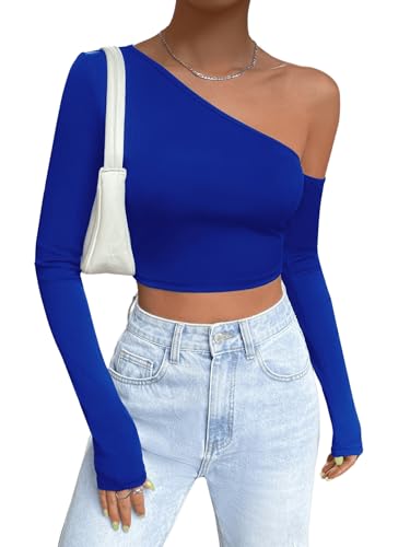 GORGLITTER Crop Tops Damen Langarm Sexy Oberteil Mit Ausschnitt Langarmshirt Bauchfrei Top Eine Schulterfrei Tshirt Königsblau L von GORGLITTER