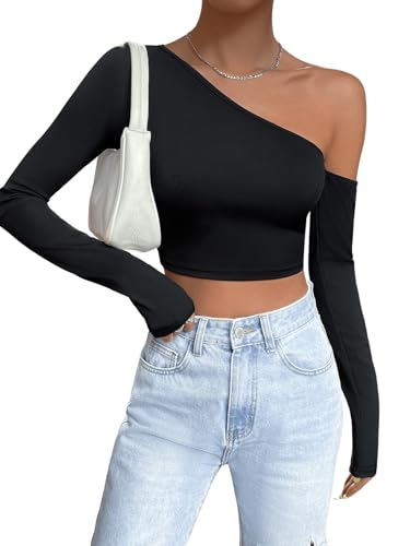 GORGLITTER Crop Tops Damen Langarm Sexy Oberteil Mit Ausschnitt Langarmshirt Bauchfrei Top Eine Schulterfrei Tshirt Schwarz M von GORGLITTER