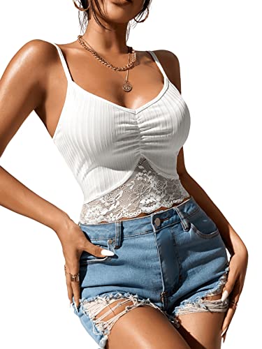 GORGLITTER Crop Tops Damen Mit Spitze V Ausschnitt Oberteil Crop Cami Top Mit Rüschen Spaghettiträger Crop Top Spitzentop Weiß XS von GORGLITTER