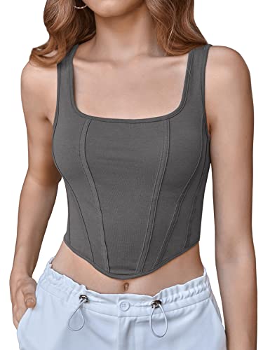 GORGLITTER Crop Tops Damen Sommer Bauchfreies Oberteil Y2k Crop Top 90s Crop Tank Top Mit U Ausschnitt Basic Top Grau L von GORGLITTER