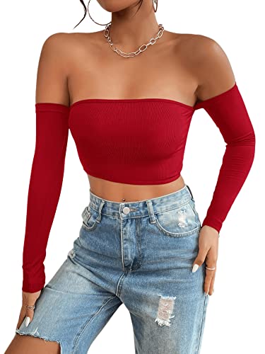 GORGLITTER Crop Tops Damen Y2k Schulterfreies Oberteil Eng Langarm Crop Top Sexy Bauchfrei Top Rückenfreie Tops Bordeaux M von GORGLITTER