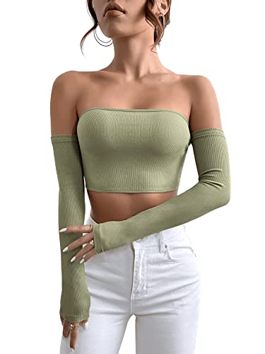 GORGLITTER Crop Tops Damen Y2k Schulterfreies Oberteil Eng Langarm Crop Top Sexy Bauchfrei Top Rückenfreie Tops Grün S von GORGLITTER