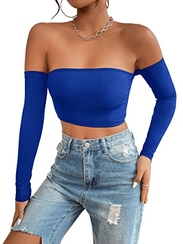 GORGLITTER Crop Tops Damen Y2k Schulterfreies Oberteil Eng Langarm Crop Top Sexy Bauchfrei Top Rückenfreie Tops Königsblau S von GORGLITTER